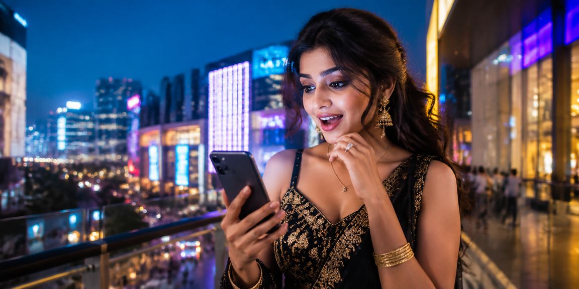 Payment transaction on mobile app in Bangalore’s MG Road with casino neon lights