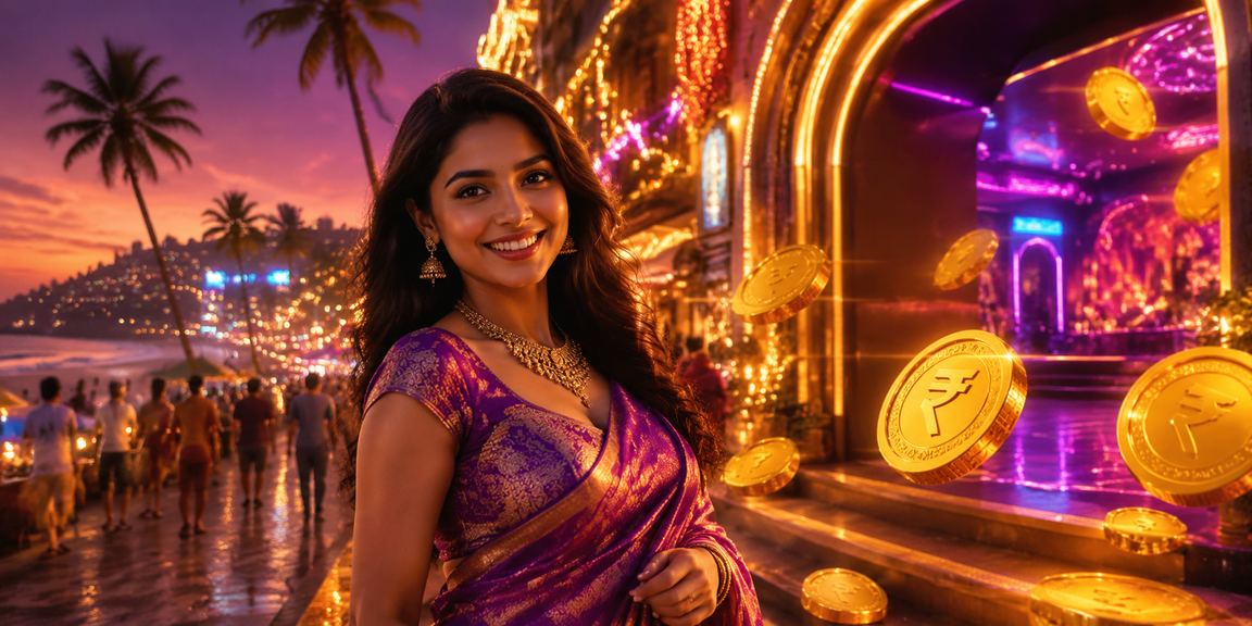 Scenic Goan beach with casino-style entertainment and Indian rupee symbol